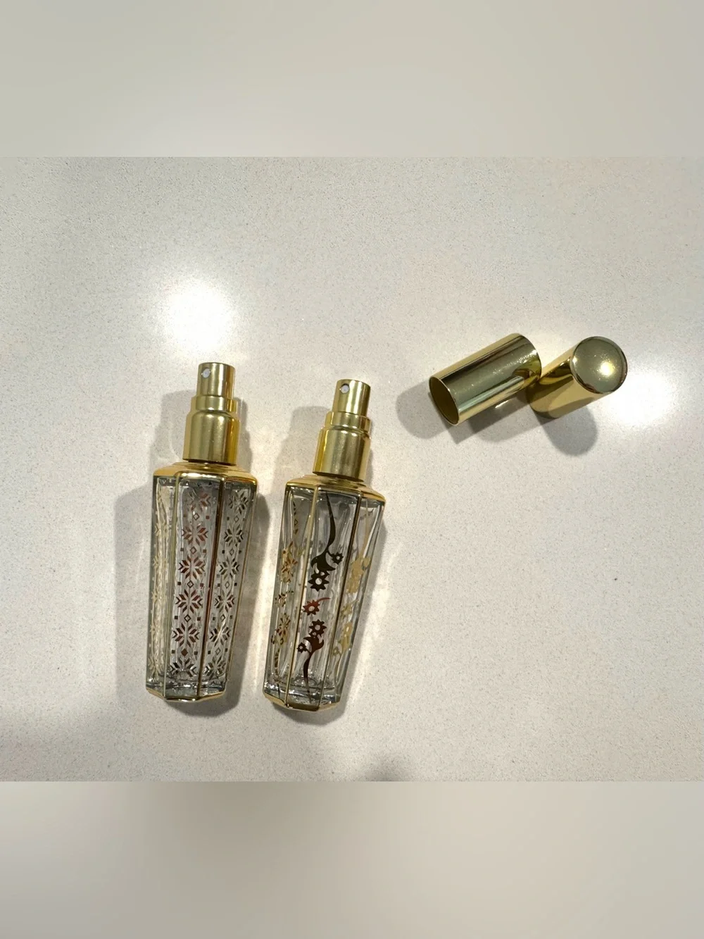 Glass Spray Bottles with Gold Caps set of 2